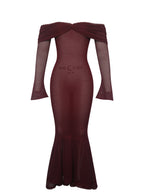 Kaedyn Burgundy Off Shoulder Long Sleeve Crochet Mermaid Maxi Dress