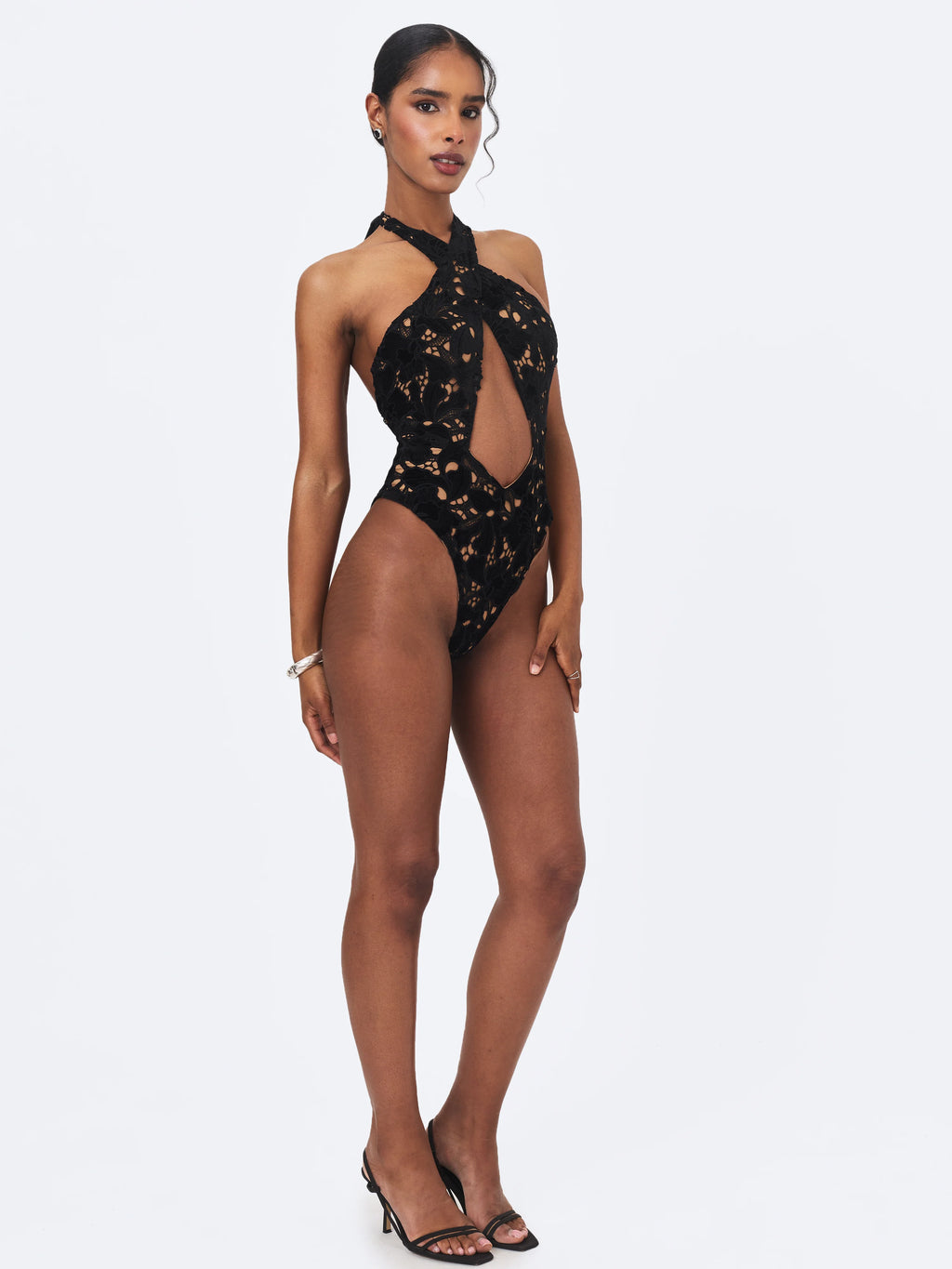Breanna Black Velvet Lace Crossover Halter Swimsuit