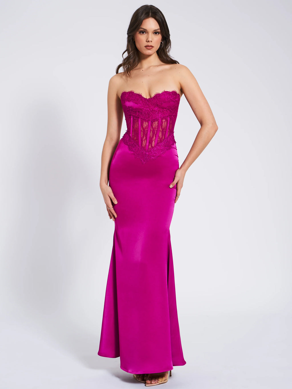 Everleigh Fuchsia Lace Satin Corset Maxi Dress Archive Sale