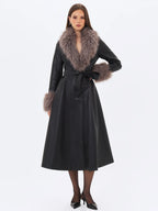 Nico Black Faux Leather Fur Trimmed Belted A Line Midi Coat