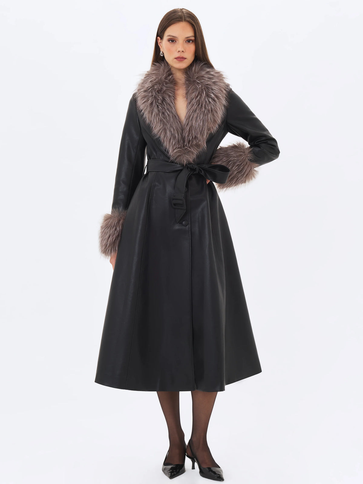 Nico Black Faux Leather Fur Trimmed Belted A Line Midi Coat