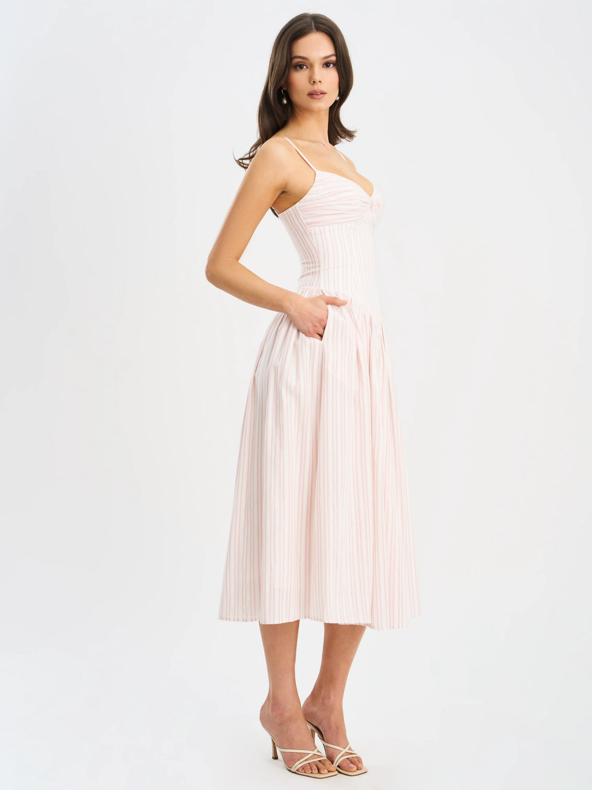 Zania Pink Stripe Cotton Jacquard Midi Dress