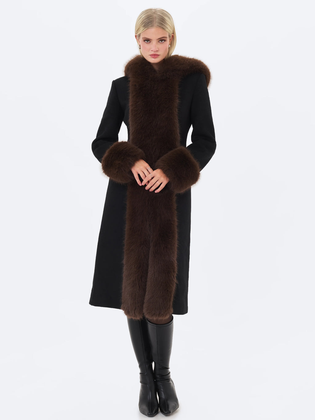 Sloan Black Wool Blend Sculpted Midi Coat with Fur Hood