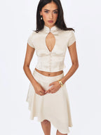 Galina Ivory Satin Asymmetrical Midi Skirt