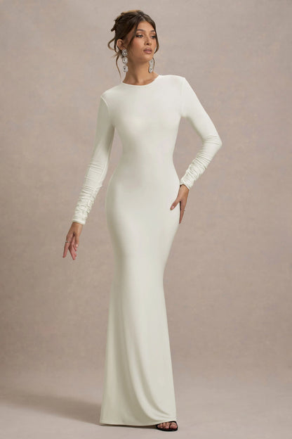 Rosalee Cream Long Sleeve Cowl Back Maxi Dress With Bows