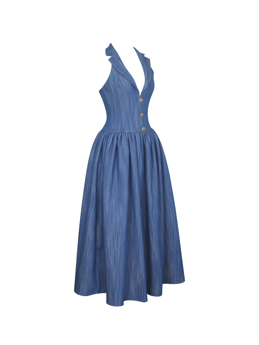 Xyan Navy Denim Lapel Halter A Line Midi Dress