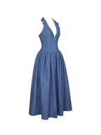Xyan Navy Denim Lapel Halter A Line Midi Dress