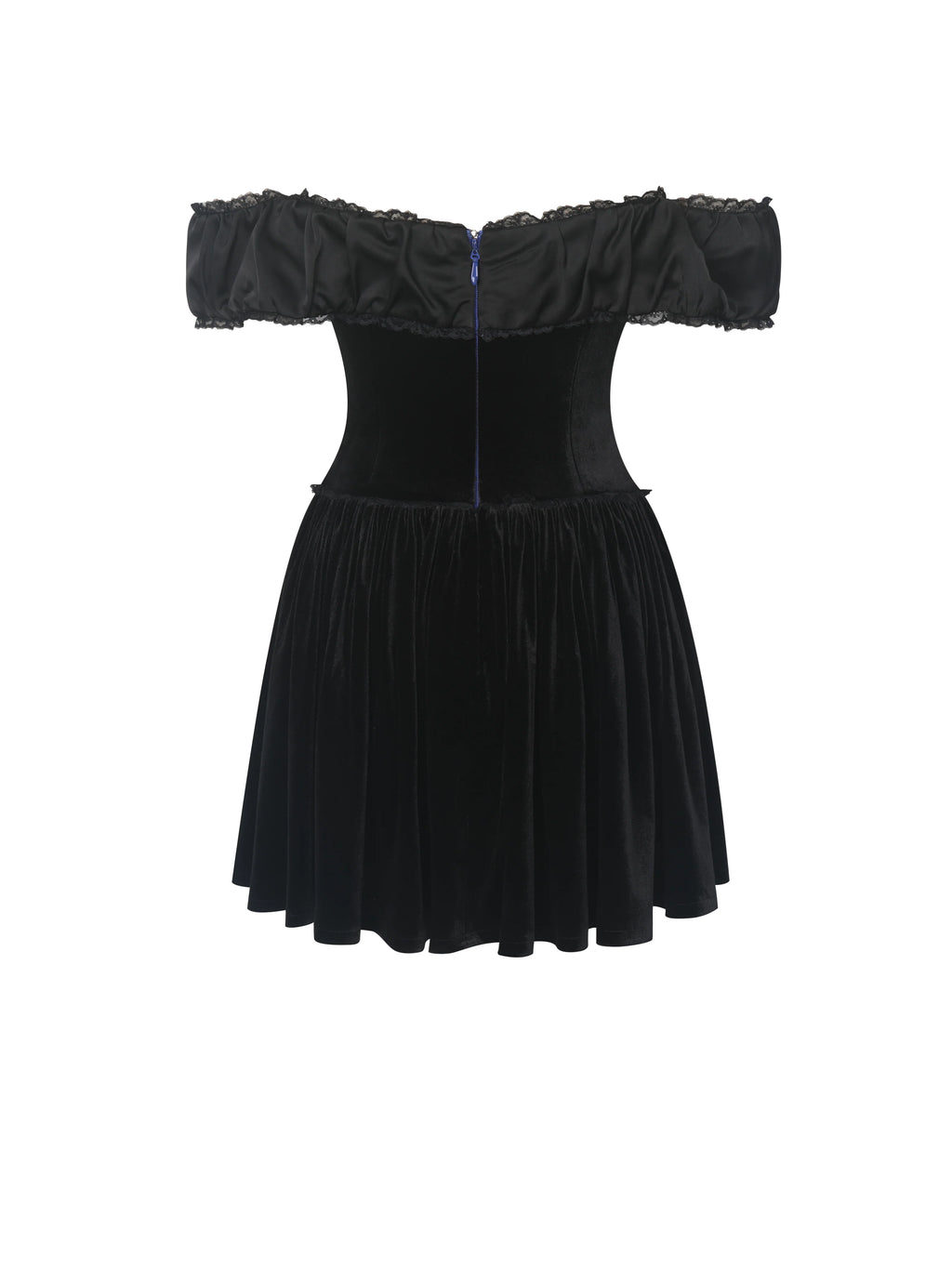 Daisha Black Lace Trimmed Off Shoulder Ruched Mini Dress