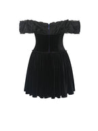 Daisha Black Lace Trimmed Off Shoulder Ruched Mini Dress