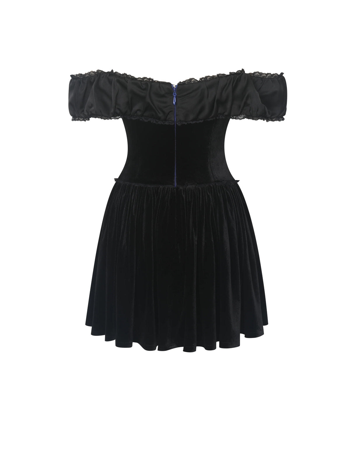 Daisha Black Lace Trimmed Off Shoulder Ruched Mini Dress