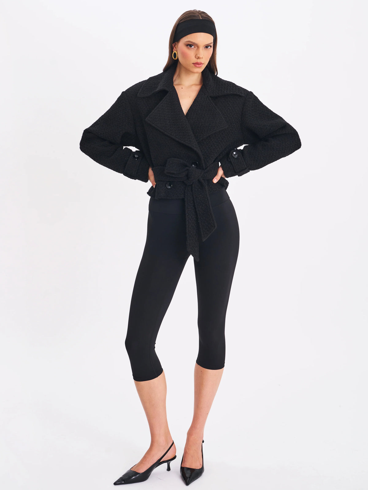 Dara Black Wool Blend Cropped Double Breasted Belted Coat