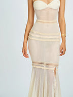 Pallas Beige Lace Trim Crochet Mermaid Maxi Dress