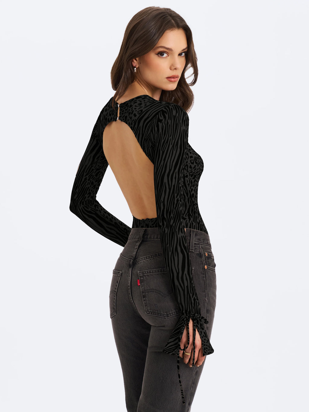 Ibera Black Animal Print Burnout Velvet Long Sleeve Bodysuit
