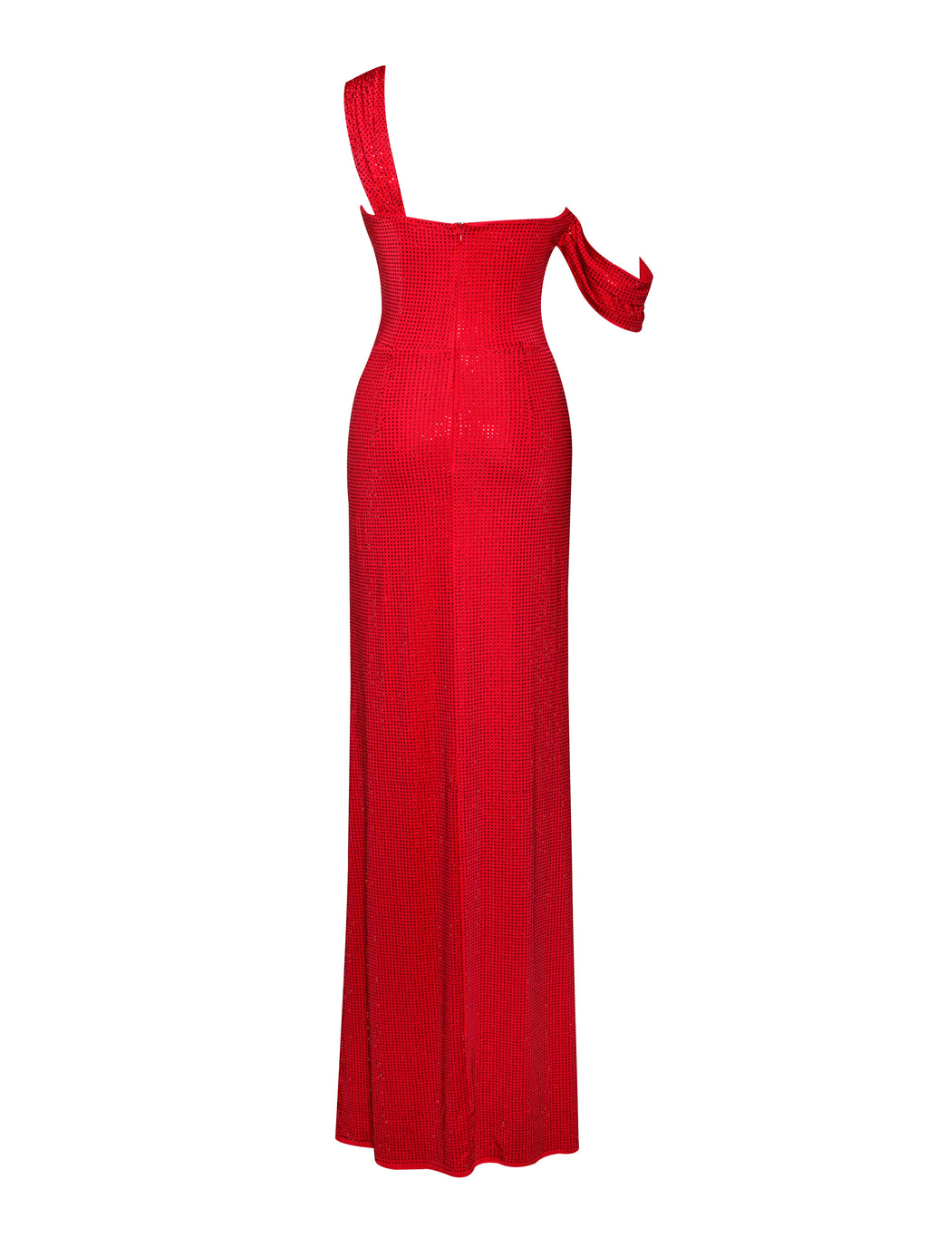 Paget Red Mesh Rhinestone Embellished High Slit Gown Archive Sale