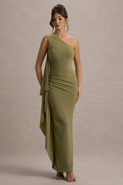 Adelina Olive One Shoulder Maxi Dress With Drape