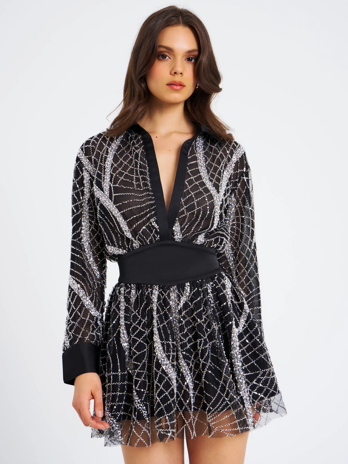 Rachelle Black Embroidered Mesh Mini Shirt Dress Archive Sale