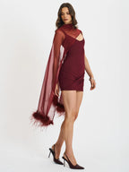 Tori Wine Red Pleated Mini Dress with Chiffon Scarf