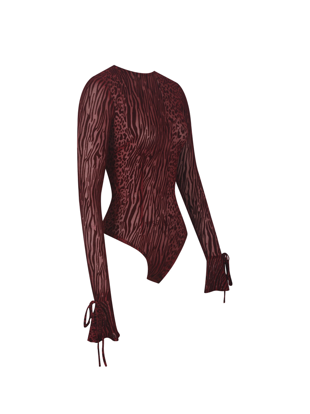 Ibera Burgundy Animal Print Burnout Velvet Long Sleeve Bodysuit
