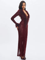 Luana Burgundy Plunging Fur Trimmed Burnout Mesh Maxi Dress