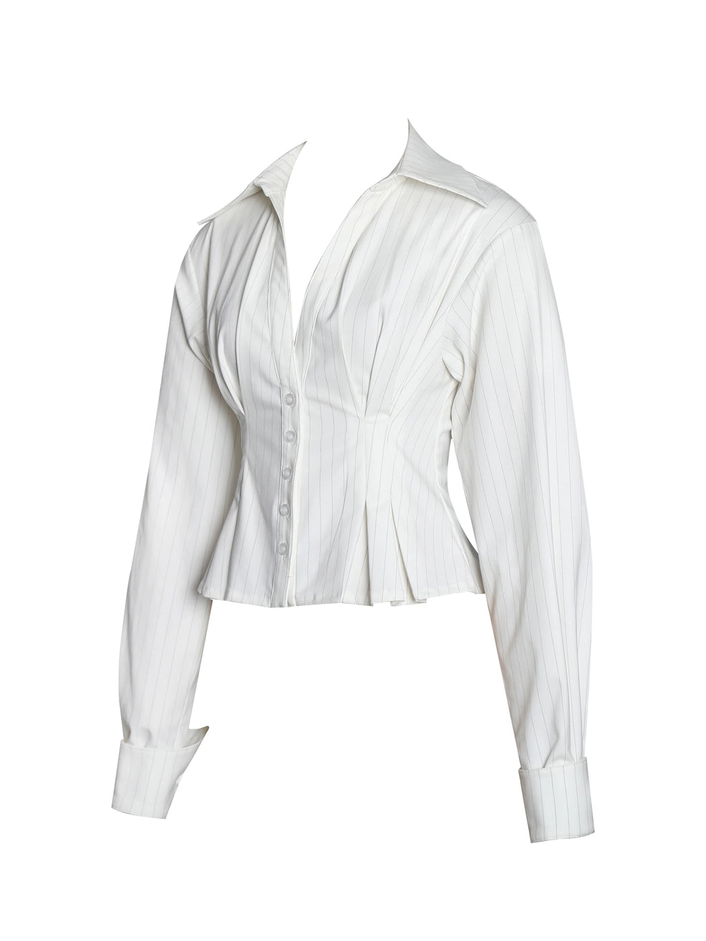 Sylvia White Pinstripe Deep V Pleated Shirt