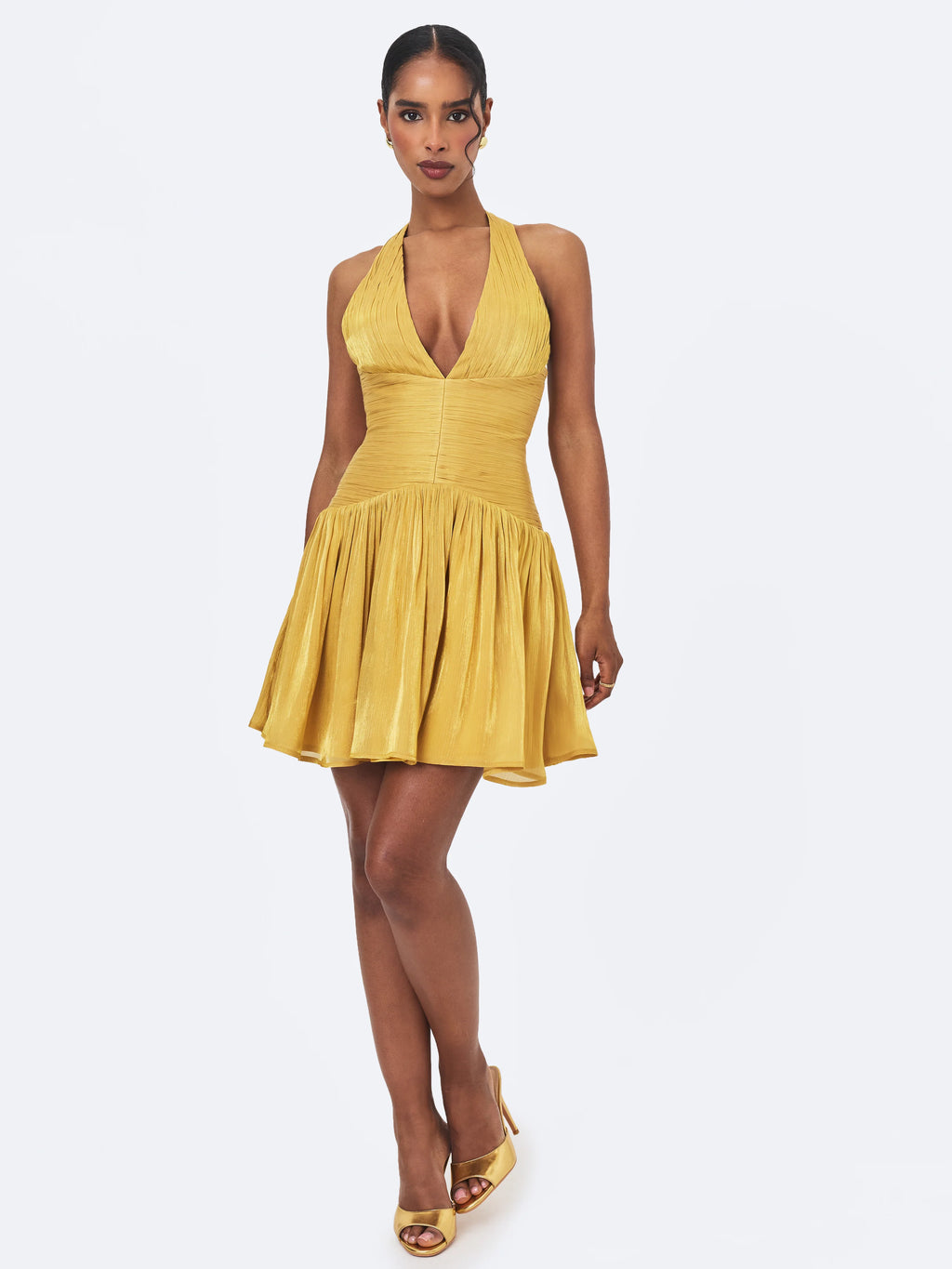 Xavia Gold Crystal Organza Plunging Halter Mini Dress