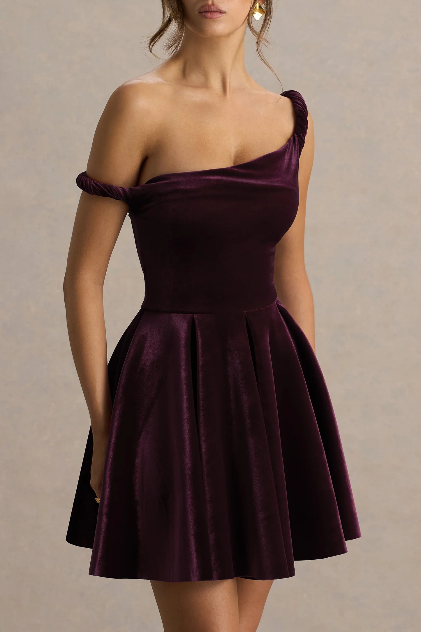 Leticia Burgundy Velvet Asymmetric Neck Velvet Mini Dress With Twist Sleeve