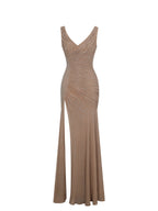 Viveca Apricot Crystal Embellished Asymmetrical Ruched Maxi Dress