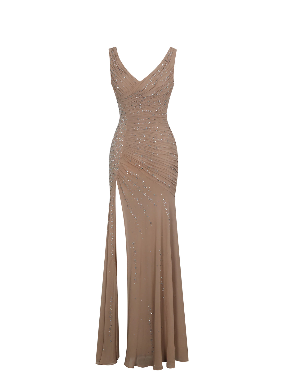 Viveca Apricot Crystal Embellished Asymmetrical Ruched Maxi Dress