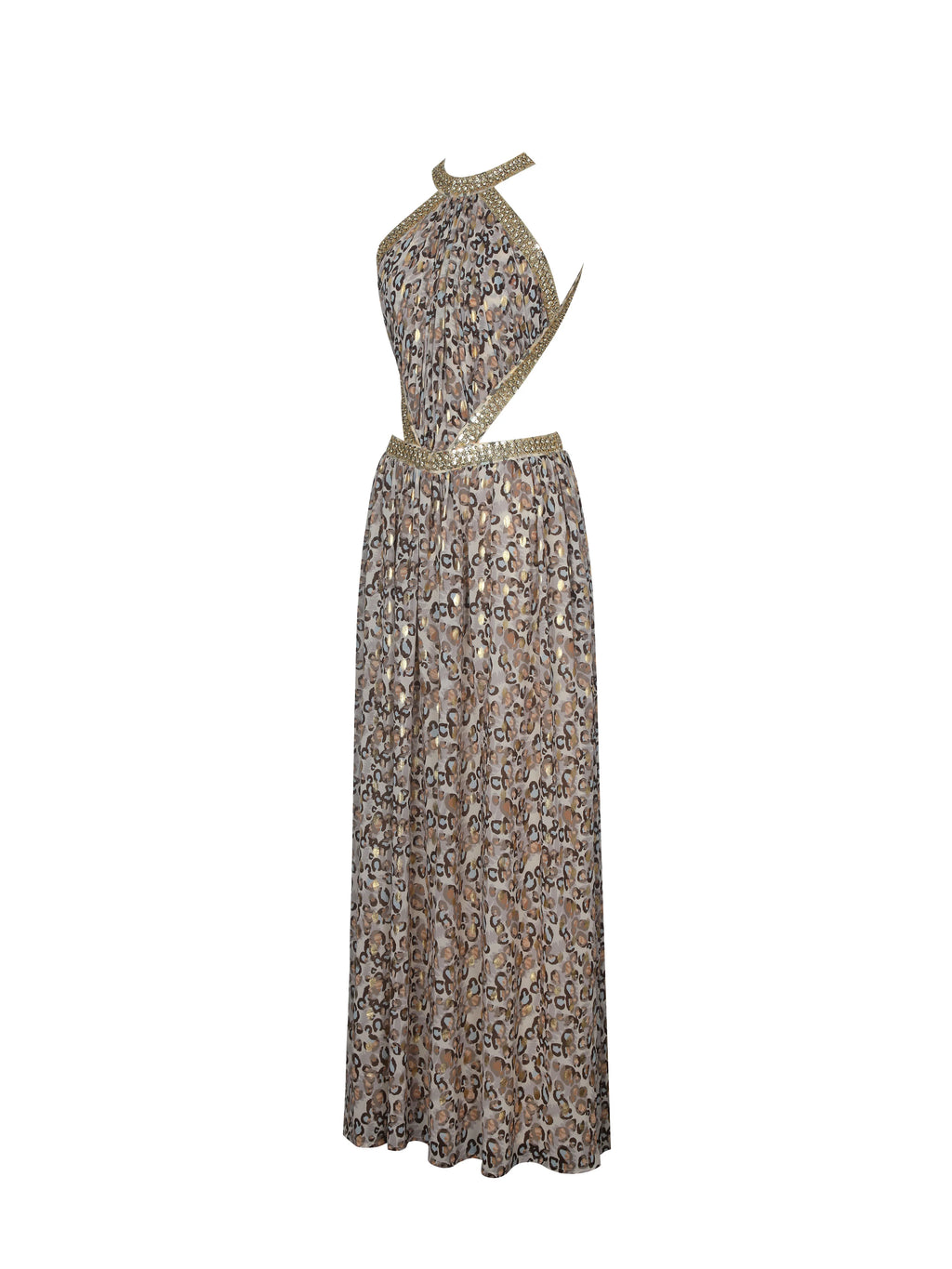 Quinnlyn Beige Cheetah Print Chiffon Halter Maxi Dress