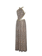 Quinnlyn Beige Cheetah Print Chiffon Halter Maxi Dress