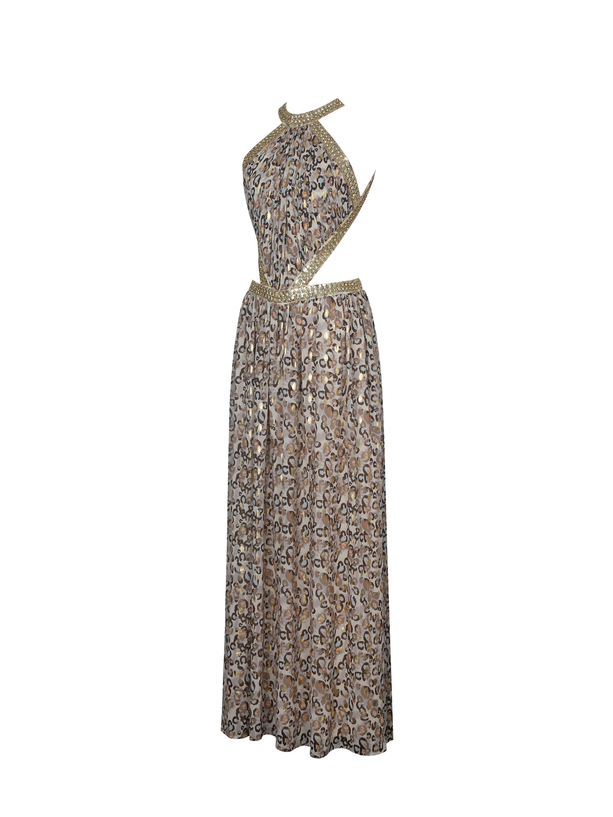 Quinnlyn Beige Cheetah Print Chiffon Halter Maxi Dress