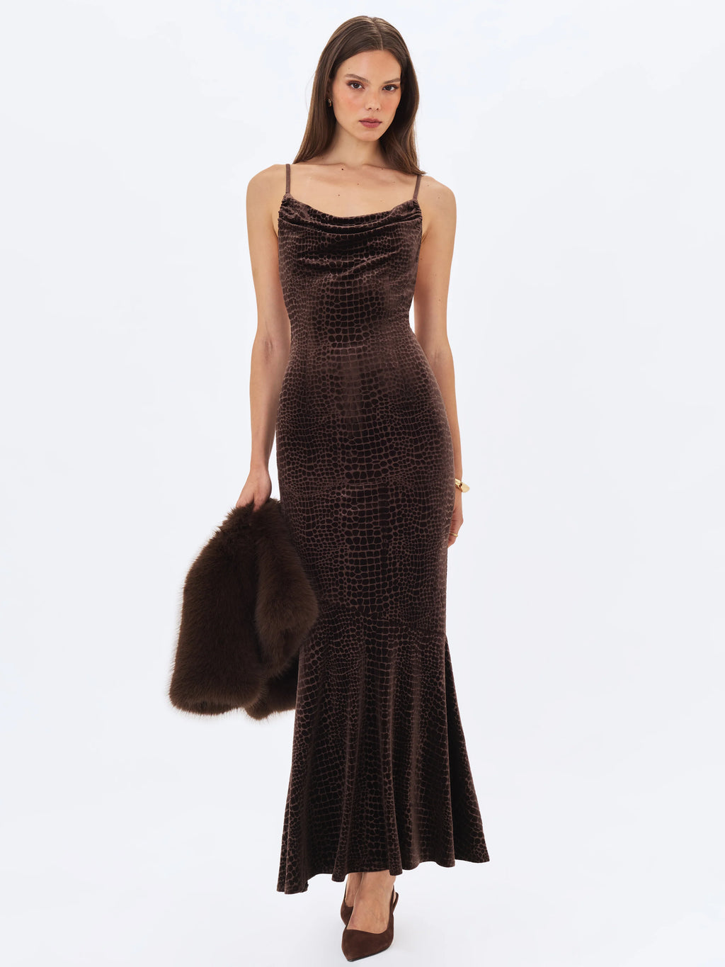 Veronique Brown Croc Embossed Velvet Cowl Neck Mermaid Maxi Dress