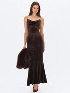Veronique Brown Croc Embossed Velvet Cowl Neck Mermaid Maxi Dress