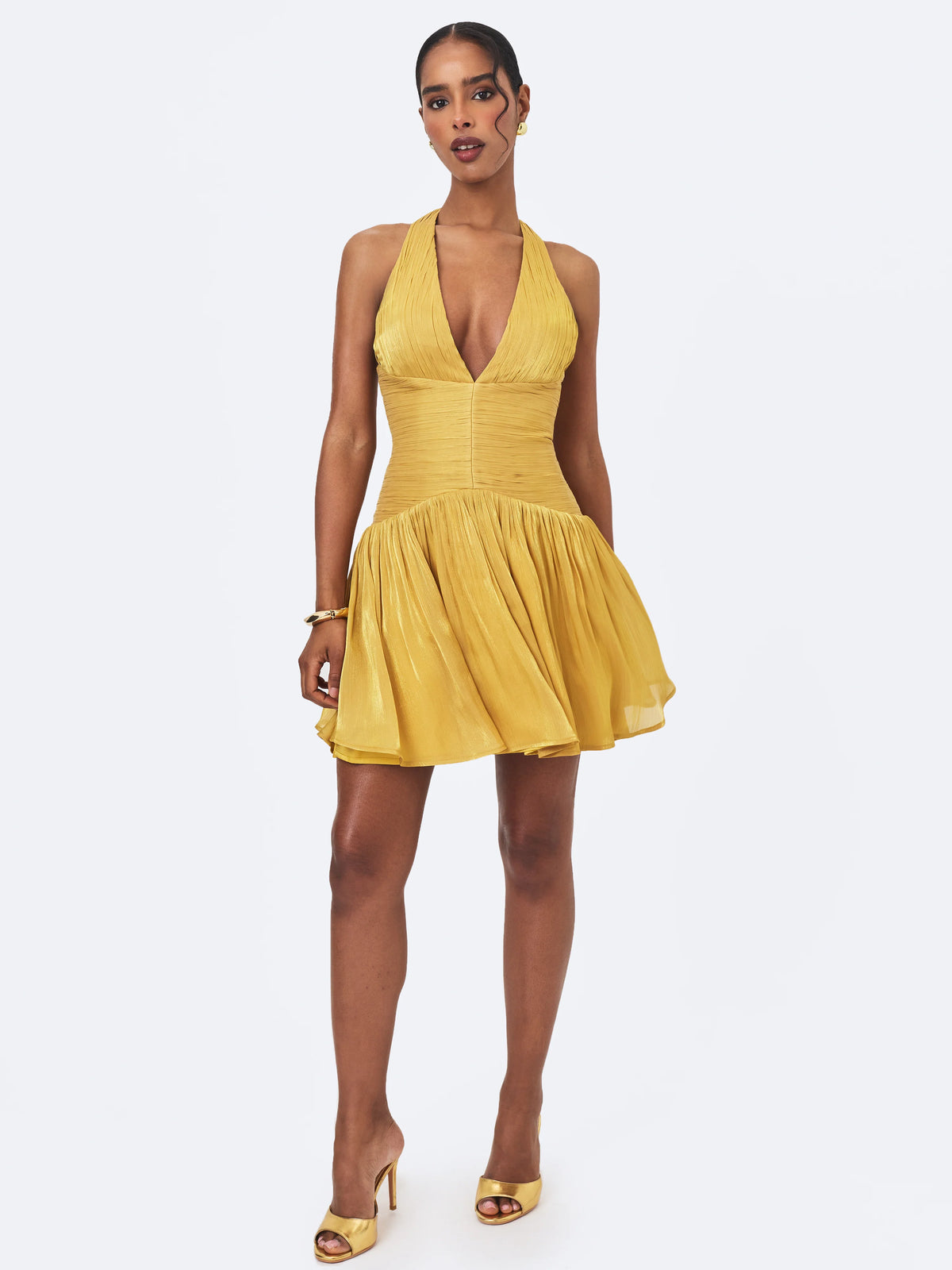 Xavia Gold Crystal Organza Plunging Halter Mini Dress