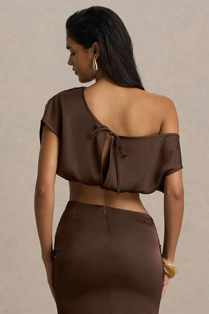 Entrapment Brown Satin Boat Neck Crop Top With Ruched Detailing
