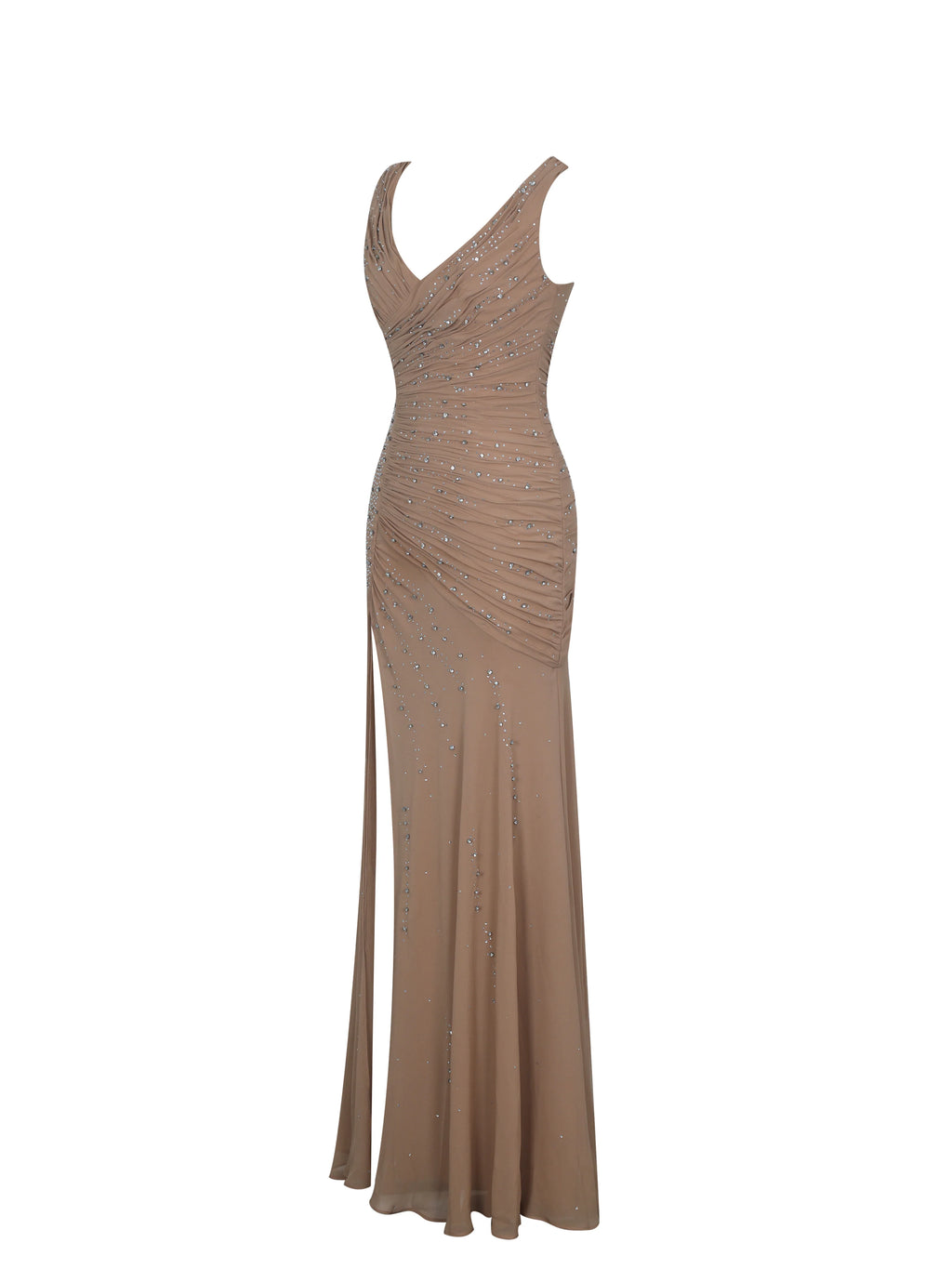 Viveca Apricot Crystal Embellished Asymmetrical Ruched Maxi Dress