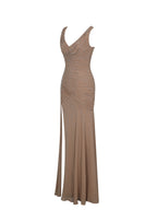 Viveca Apricot Crystal Embellished Asymmetrical Ruched Maxi Dress