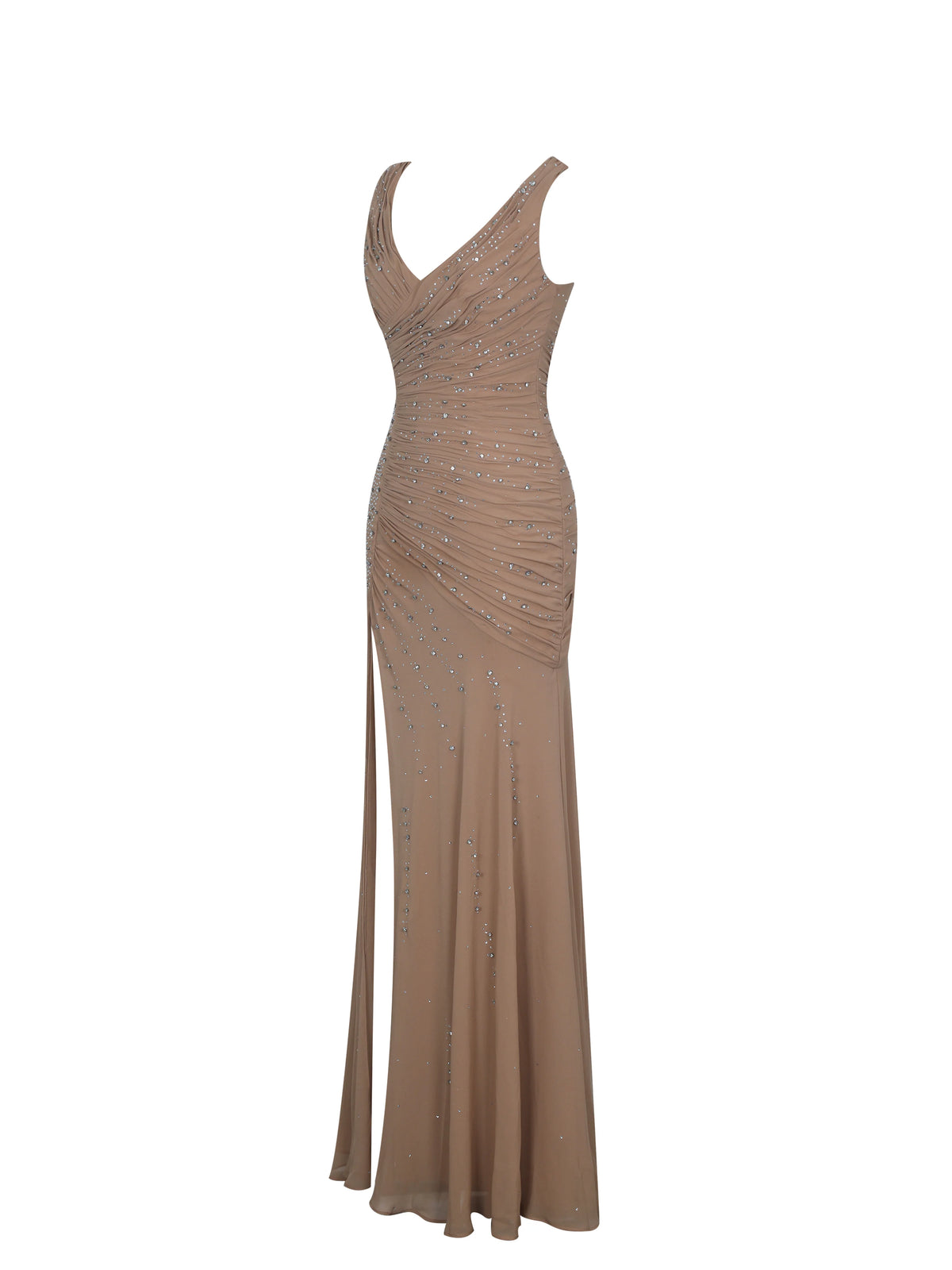 Viveca Apricot Crystal Embellished Asymmetrical Ruched Maxi Dress