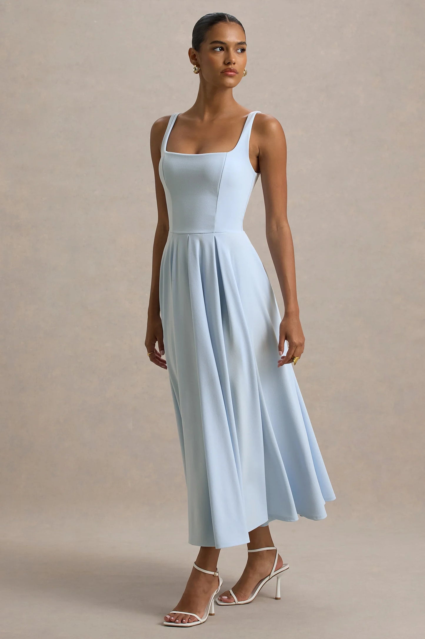Parina Powder Blue Strappy Volume Hem Midi Dress