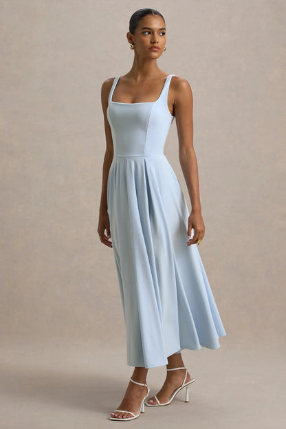 Parina Powder Blue Strappy Volume Hem Midi Dress