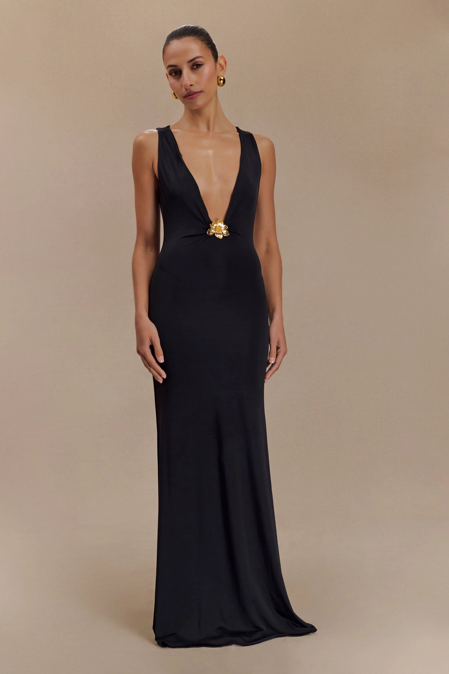 Beck Plunge Maxi Dress With Floral Hardware Black