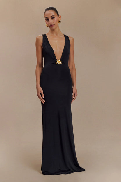 Beck Plunge Maxi Dress With Floral Hardware Black