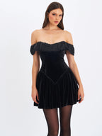 Daisha Black Lace Trimmed Off Shoulder Ruched Mini Dress