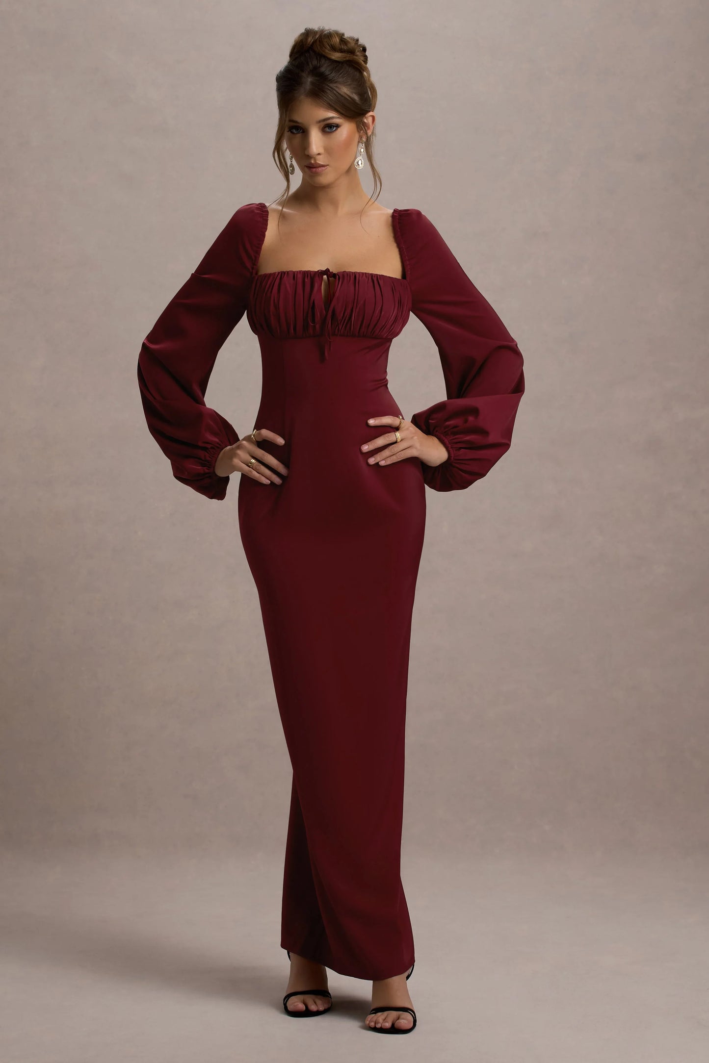 Nika Berry Satin Square Neck Balloon Sleeve Maxi Dress
