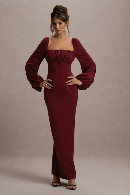 Nika Berry Satin Square Neck Balloon Sleeve Maxi Dress