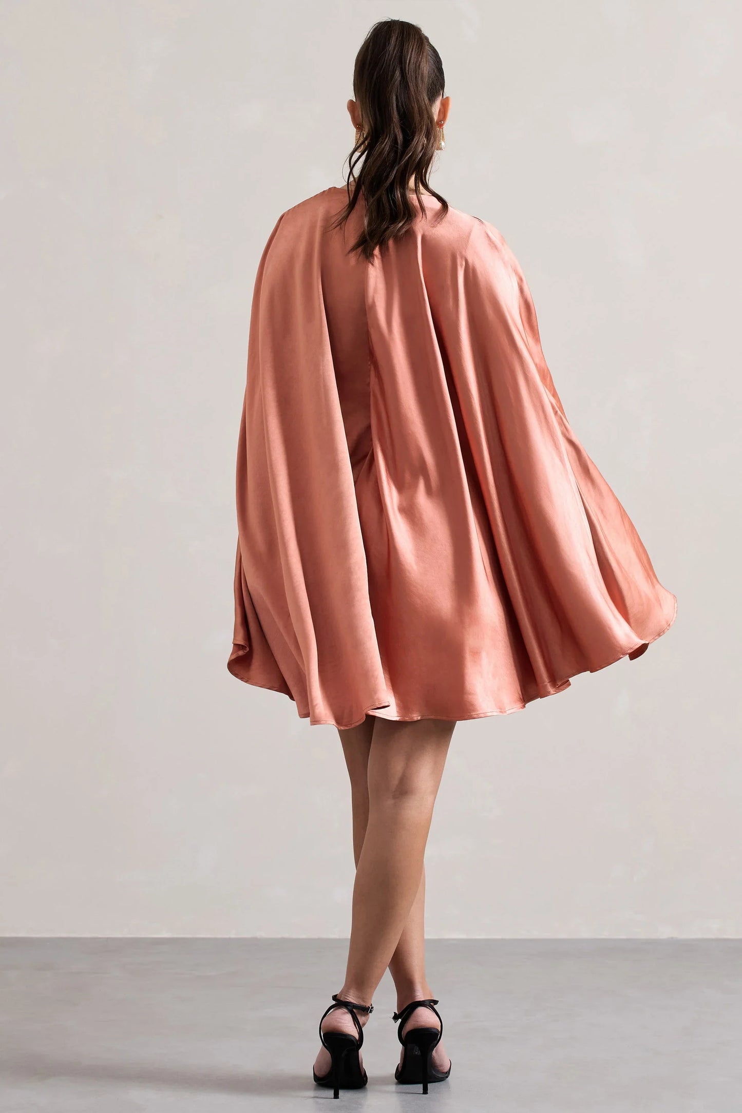 Olsen Coral Satin Plunge Neck Cape Mini Dress