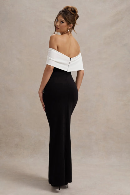 Eva Black White Bardot Bow Detail Maxi Dress With Thigh Split