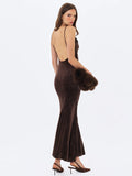 Veronique Brown Croc Embossed Velvet Cowl Neck Mermaid Maxi Dress