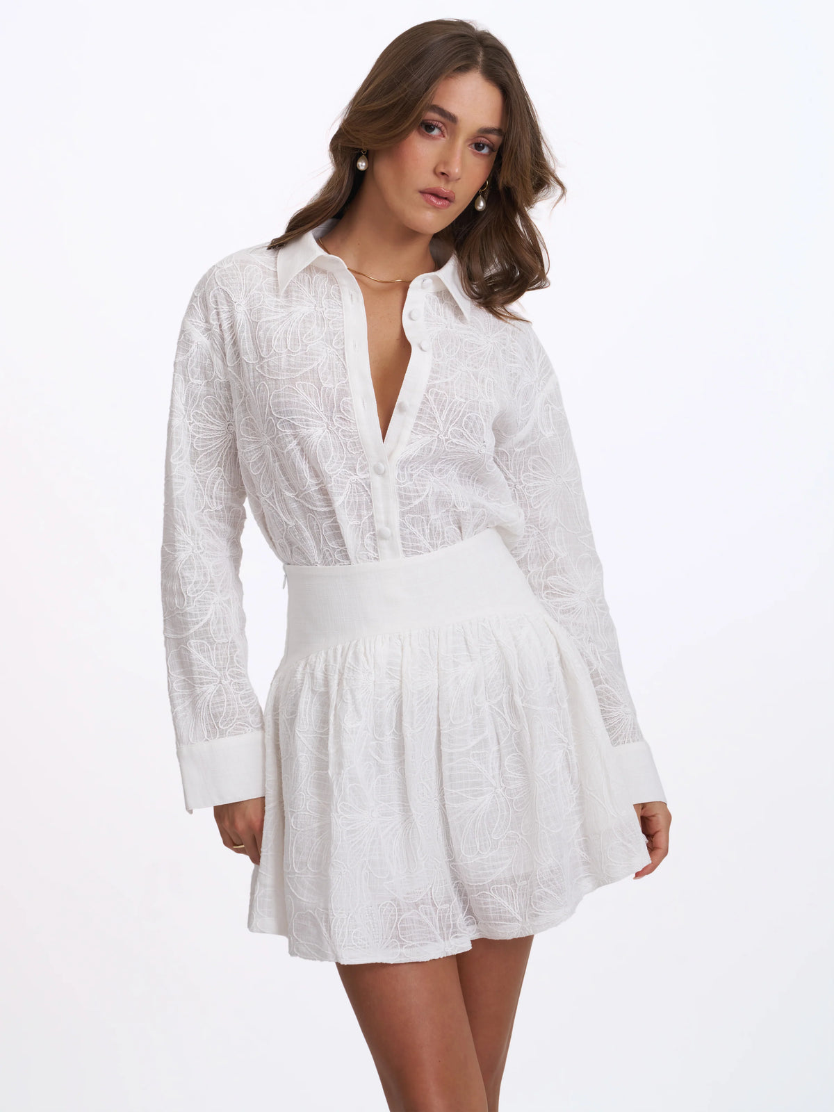 Quisha White Embroidered Cotton Gauze Gathered A Line Mini Skirt