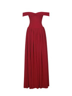 Tereza Crimson Georgette Bardot High Slit Maxi Dress